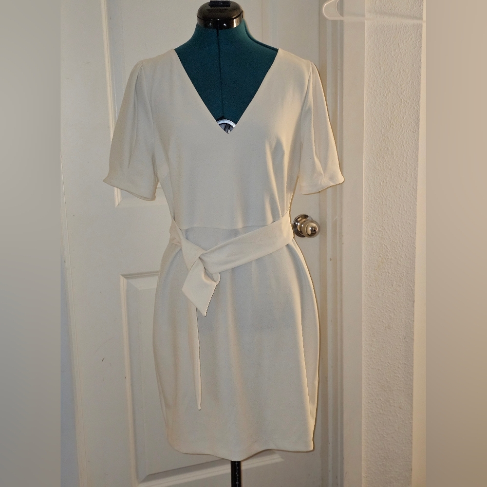 Express Cream V-Neck Tie-Waist Midi Dress
